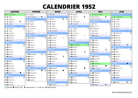calendrier 1952 avec les jours
